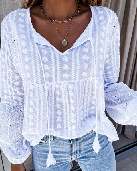 

women's blouses & shirts women eyelet embroidery tassel design lantern sleeve solid color v-neck tie pullover fashion, White