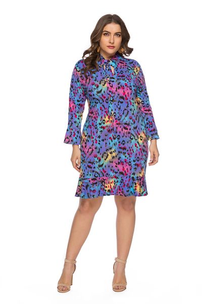 

large size women's v-neck bow leopard ruffled dress 2019 spring and summer lady's dresses sq0118, White;black