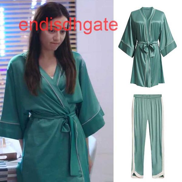 

luxury high green end delireba pajamas piece set women's ice silk four seasons, Black;white