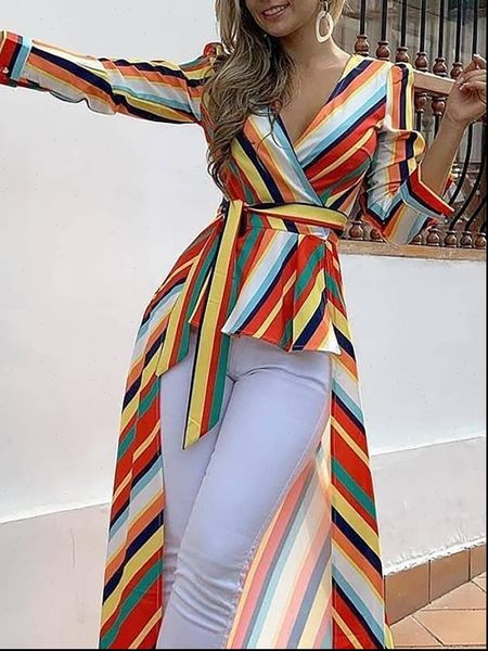 

women elegant colorful striped ruffles dip hem blouse 2021 summer leisure asymmetrical casual shirt female vacation long top, White