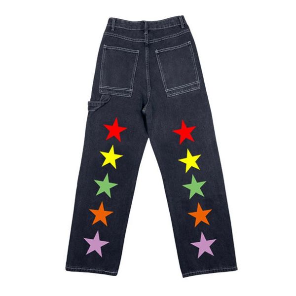 

women's jeans vintage washed color star print man women streetwear loose wide leg straight pants cotton casual denim trousers autumn, Blue