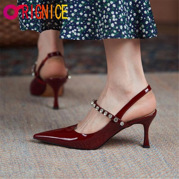 

dress shoes orignice fashion pointed toe women full genuine leather pumps sling back thin heels ankle wrap slip on party summer, Black