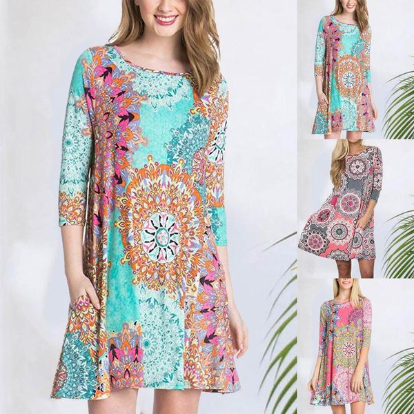 

casual dresses vintage bohemian floral aesthetic women long sleeve dress with pockets print swing t-shirt blouse, Black;gray