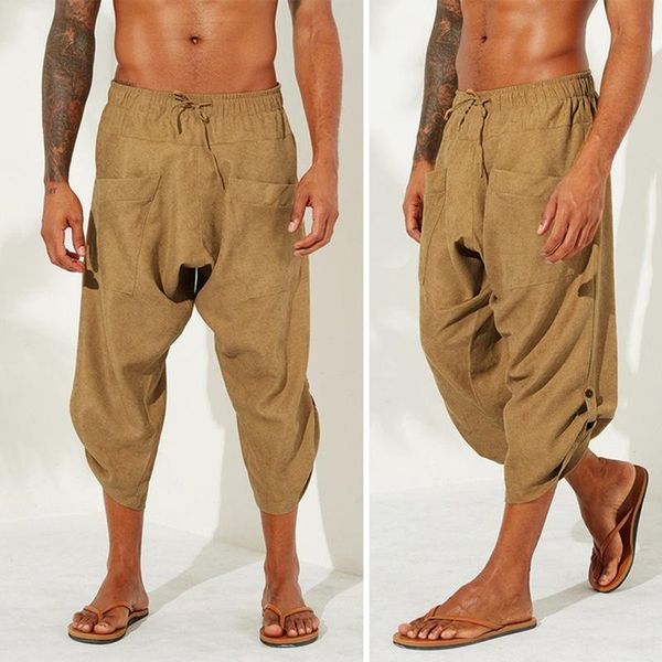 

men's pants mens casual solid colour loose drawstring baggy fashion vintage ethnic style harem plus size calf-length, Black