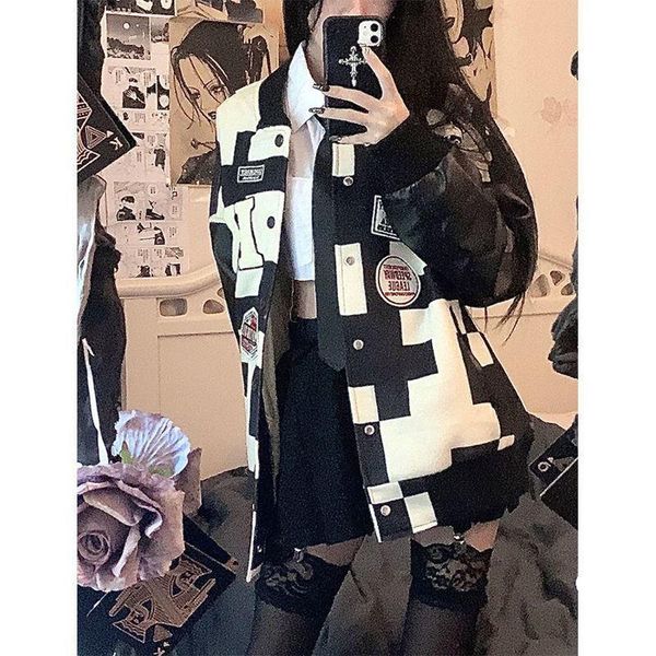 

women's jackets 2021 autumn korean black and white plaid baseball uniform jacket bf trend hong kong style loose couple casual, Black;brown
