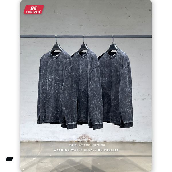 

be men's wear | 2021 autumn heavy industry washing old eing long sved t-shirt vintage high street brand bottom shirt, White;black