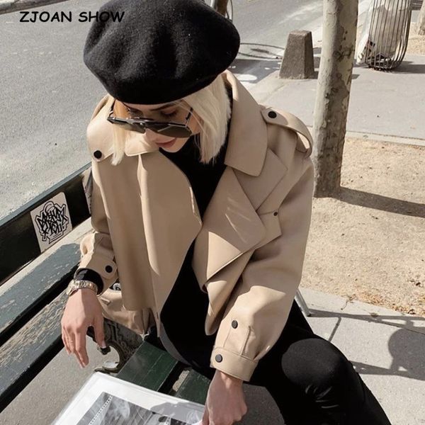 

2021 spring women oversized lapel pu leather jacket streetwear long sleeve buckle waist coat loose soft outwear high quality, Black;brown