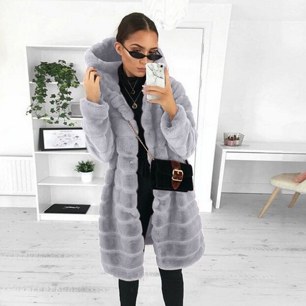 

2021 new plus size mulher moda casaco de peluche inverno engrossar macio jaquetas senhora outwear pele do falso longo com capuz peludo quent, Black