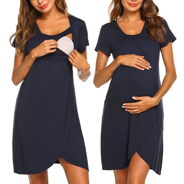 

maternity dresses dress woman solid short sleeve breast-feeding nursing night pregnant clothes casual clothing, White