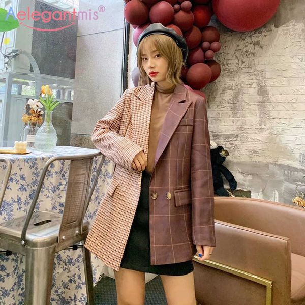

aelegantmis double breasted office lady plaid blazer jacket women fashion long sleeve loose casual female work suit coat 210607, White