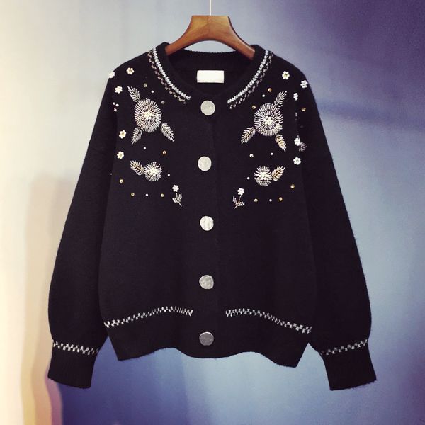

2021 new luxury beading sequined white/black knitted cardigan autumn winter thick o-neck long sleeve oversized knit sweater women k17k