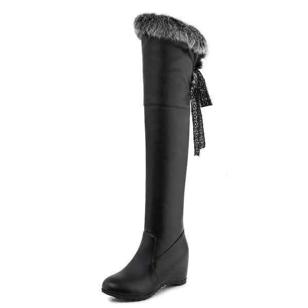 

internal lace lac increasing false skin on the knee thick winter soles warm women's bottom-down long boots sxxz, Black