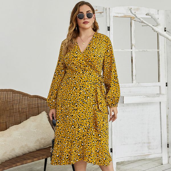 

new leopard print retro women wrap dress v-neck ruffle hem long sleeve spring autumn dresses 2021 boho beach female vestidos 4kjd, Black;gray
