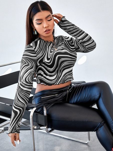 

plus marble print mock neck mesh 74cb#, Black