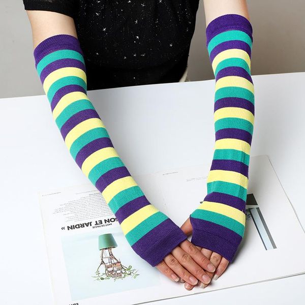 

five fingers gloves fashion women striped elbow female elastic warmer knitted long fingerless mittens ladies christmas accessories gift, Blue;gray