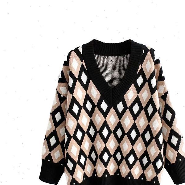 

2021 new autumn winter knit argyle patterns loose oversize sweater warm pullover casual pull femme chandails, White;black