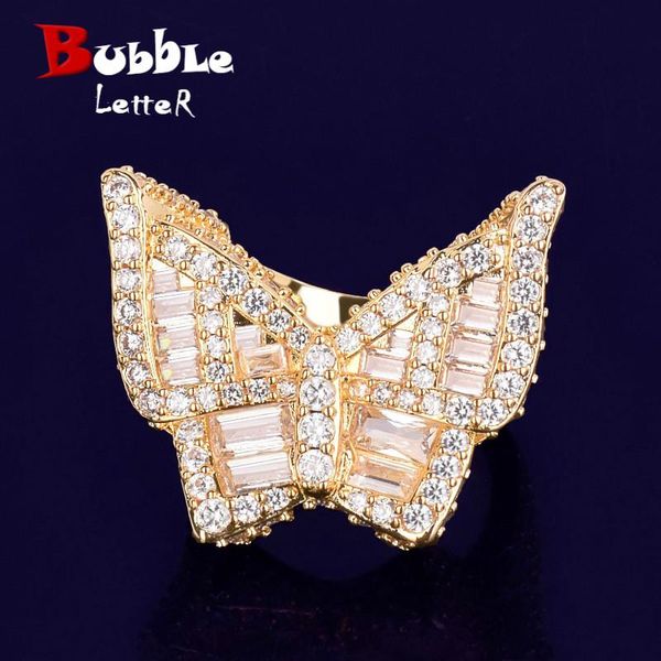 

cluster rings baguette zircon men's butterfly ring copper charm gold silver color iced fashion hip hop jewelry for women, Golden;silver