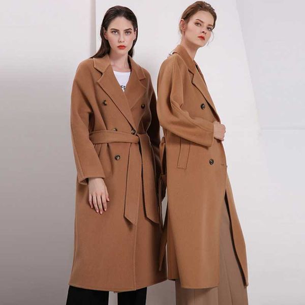 

women's wool & blends autumn and winter 2021 style tie woolen overcoat classic double-sided women coats high-end fashion lady clothes, Black