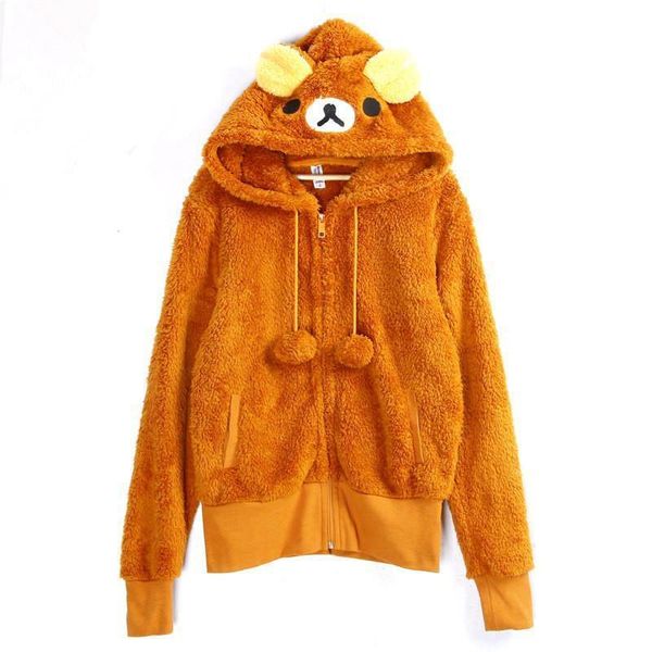 

anime rilakkuma bear hoodies polar fleece designer cartoon cute jacket with ears couple sweatshirt for women suit, Black