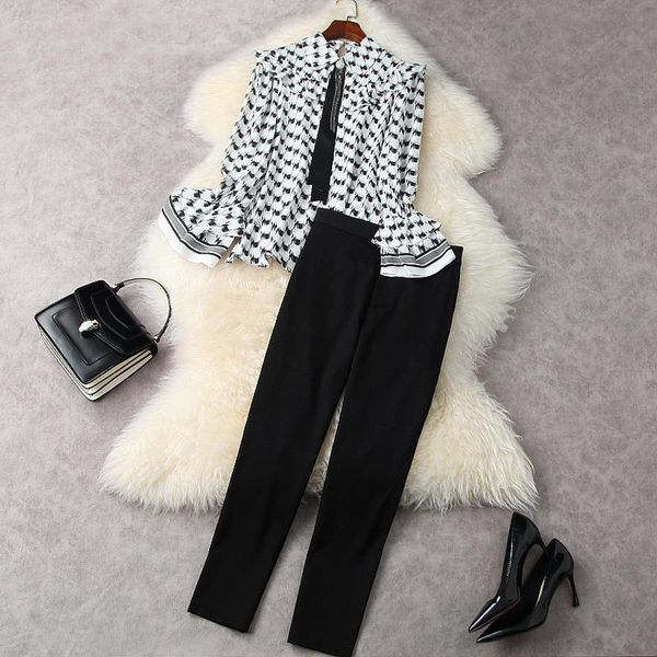 

women designer geometric print shirts flare sleeve blouses and pants suits spring summer 2021 black pants two piece sets, White