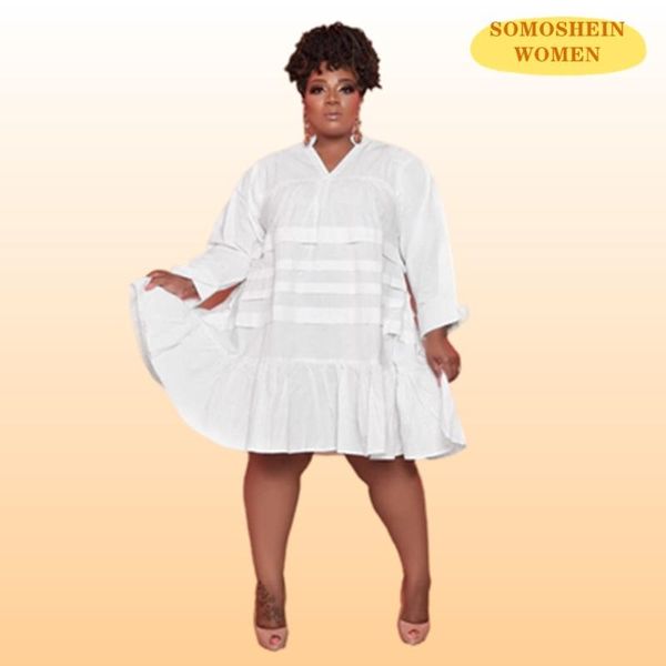 

plus size dresses somoshein for women l-5xl lovely ruffles midi dress solid color pleated vestidos woman clothes casual outfits, Black