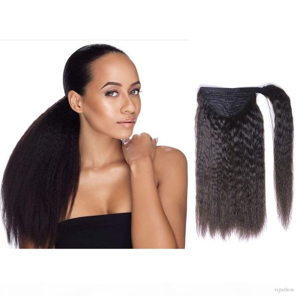 

good quality virgin brazilian yaki kinky straight ponytail human hair wrap around pony tail extensions 160g natural color coarse straight, Black