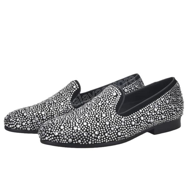 Handwork Brilhando Cristais Brancos Vestido Sapatos Mocassins Pretos Camurça Preto Slip-On Flats Festa e Banquete Homens Locais Plus Size