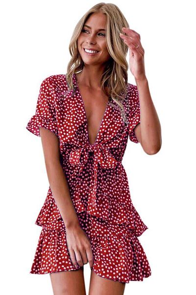 

womens dress short sleeve deep v-neck dress ladies casual floral print womens soft and breathable, Red;black
