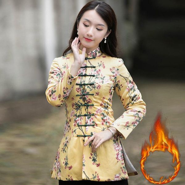 

ethnic clothing style jacket tang suit thicken hanfu women stand collar slim long sleeve traditional coat female chinese year clothes, Red