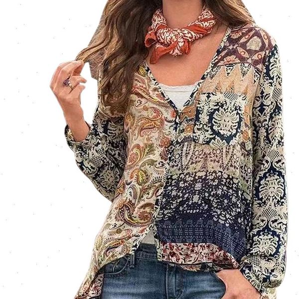 

women floral print blouse thin summer boho shirt long sleeve v neck shirts 2021 casual ladies vintage femme oversize, White