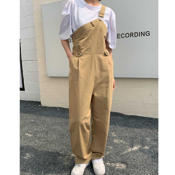 

one-shoulder overalls women jeans spring and summer solid color pants loose high-waisted pocket straight pants street 210527, Blue