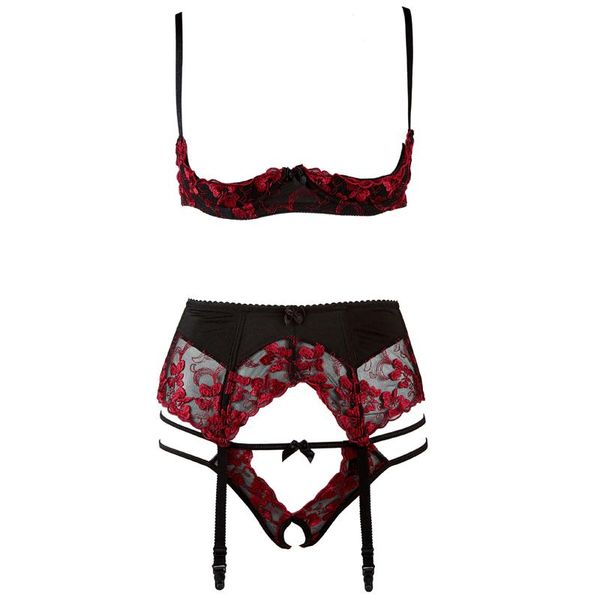 

women lingerie set flower embroidery adjustable spaghetti strap bra crotchless briefs erotic underwear with garter belt, Red;black