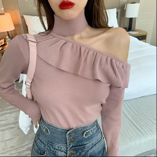 

women pullovers sweater new 2021 off shoulder ruffled long sleeve knitted autumn spring fashion elegant ladies, White;black