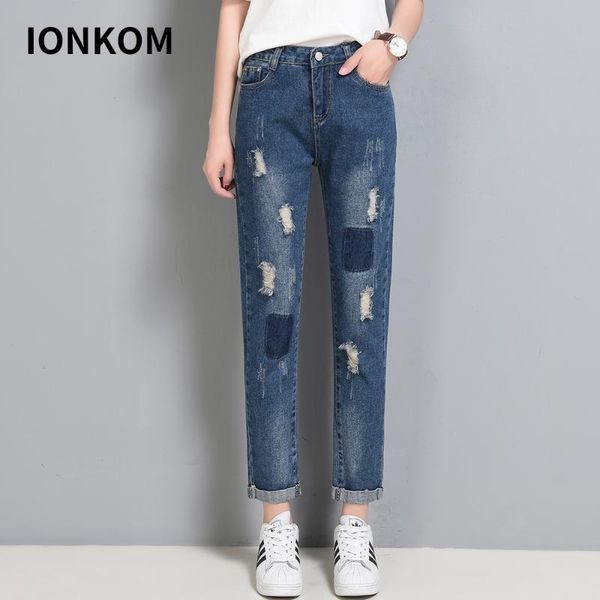 

women's jeans ionkom vintage ripped bleach wash denim summer high waist crimping pencil pants women button ol workwear trousers, Blue