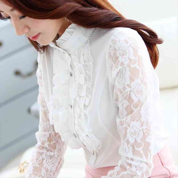 

womens chiffon lace blouse long sleeve ruffles shirt chiffon spring, White