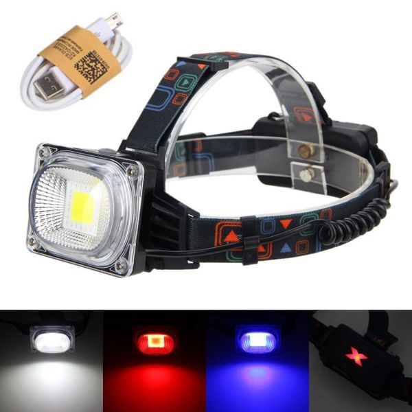 

vastfire 10w cob rgb led camping headlight usb rechargeable headlamp with usb cable white blue red outdoor led light no battery