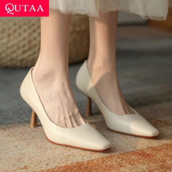 

dress shoes qutaa 2021 high heel genuine leather classic female spring autumn pointed toe basic all match women pumps size 34-39, Black