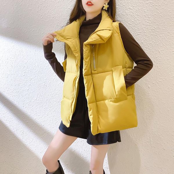 

women's vests 2021 winter thick sleeveless vest solid colors down cotton parkas korean style loose waistcoat zipper stand collar outwea, Black;white