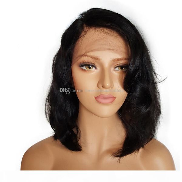 

130% short bob lace front human hair wigs with baby hair 8 to 16 inch glueless brazilian remy wavy wigs bleached knots, Black;brown