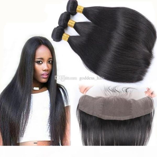 

brazilian 9a silky straight bundles with lace frontal closure parting full lace frontals 13*4 with human hair 4pcs lot, Black