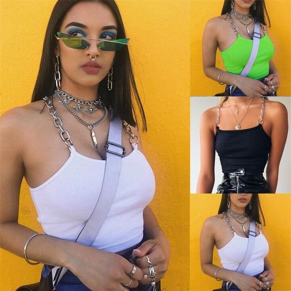 Yaz Serin Kadın Zincir Sling Floresan Yeşil Tank Tee Yelek Kırpma Üst Bralette Ince Temel T Gömlek A125