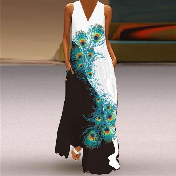 

casual dresses summer dress woman peacock print maxi contrast color sleeveless sundress v neck pocket for women 2021 robes, Black;gray