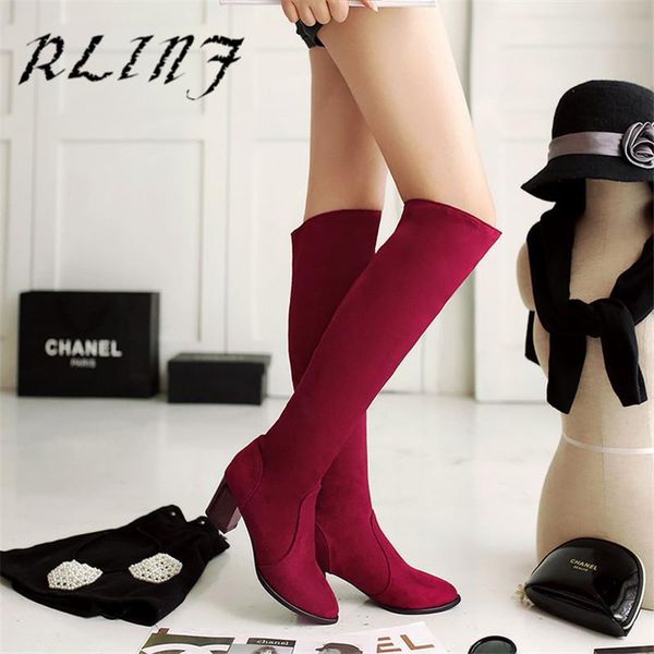

boots rlinf over-the-knee heel with thick sanded suede high tube female long, Black