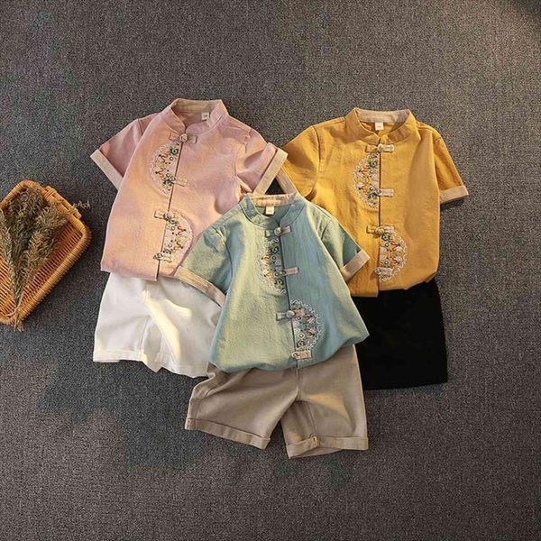 

hanfu chinese style boys costume tang children summer boutique kids clothing clothes short sleeve pants two pieces set, White