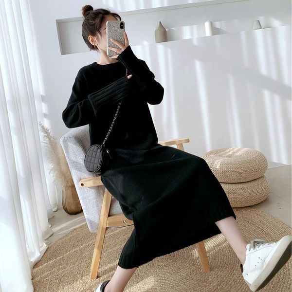 

casual dresses wavsiyier pollover sweater dress women winter autumn 2021 korean style thick knitted jumper woman warm knitwear, Black;gray