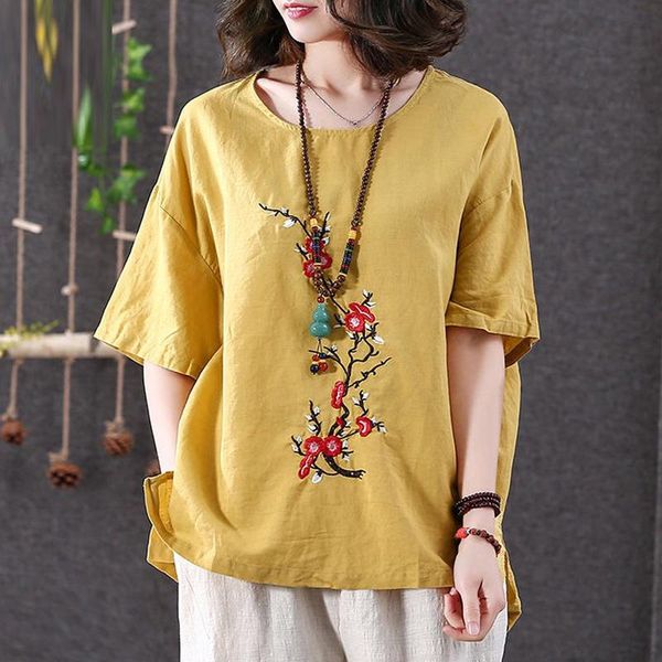 

women's blouses & shirts summer casual woman green yellow blue white short sleeve embrodery loose linen blouse shirt , 4xl for wome