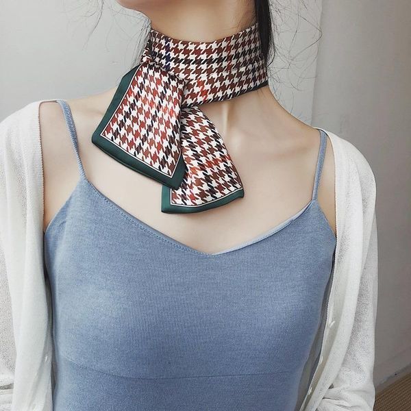 

scarves the houndstooth long strip of female wild printed small lattice out bag decoration scarf, Blue;gray