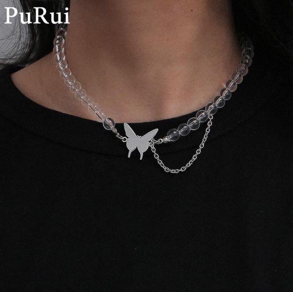 

pendant necklaces retro stainless steel chain choker necklace for women shiny clear beads butterfly pedant men fashion punk collar, Silver