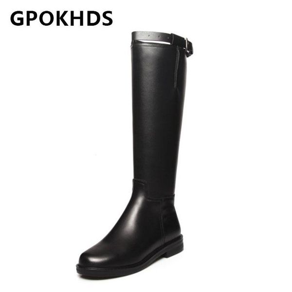 

boots gpokhds 2021 women knee-high cow leather winter short plush round toe zipper med heels female motorcycle size 42, Black