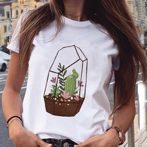 

graphic cactus plant fashion spring womens t shirts summer 90s cute aesthetic short sleeve print female clothes tees shirt, White